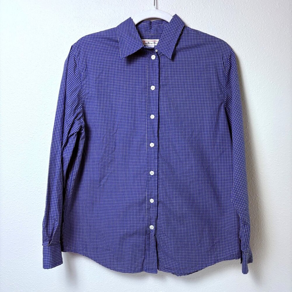 Talbots Button Front Shirt Women 12 Blue Yellow Check Long Sleeve Cotton Vintage